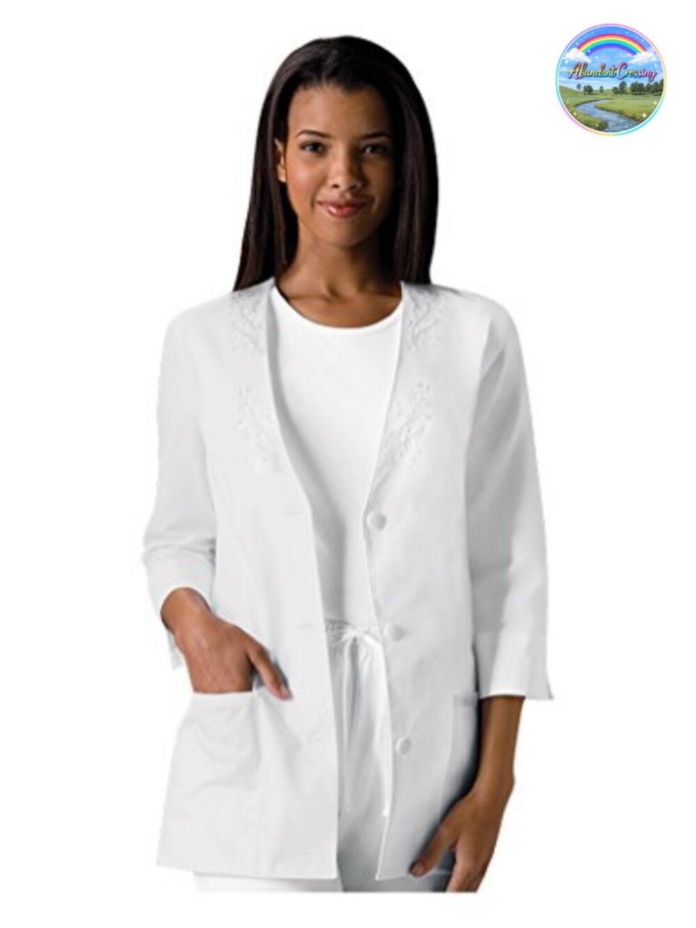 Cherokee Women's V-Neck 3/4 Sleeve Embroidered Scrub Jacket with Pockets